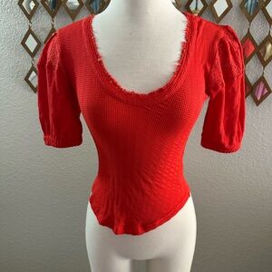 Free People Vibrant Red Lace Sleeves Textured Top